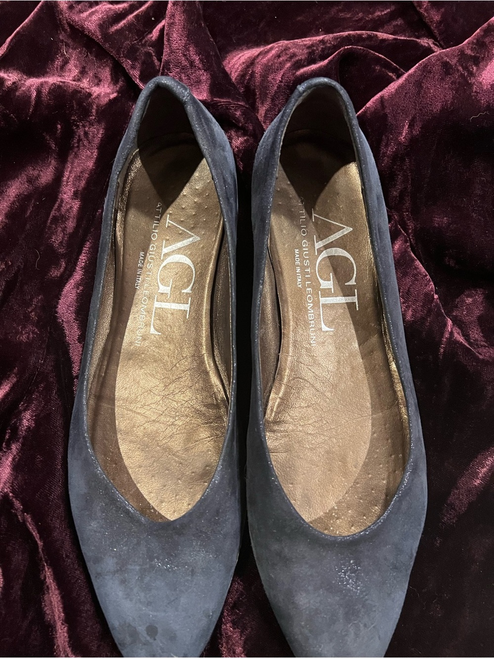 Navy shimmer suede AGL flats, size 39.5
